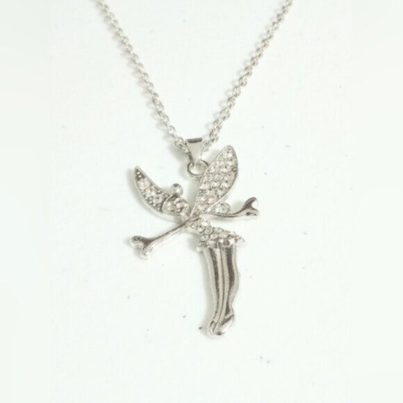 Disney Tinkerbell Silver Tone Cubic Zirconia Studded Pendant Necklace New - Picture 3 of 5